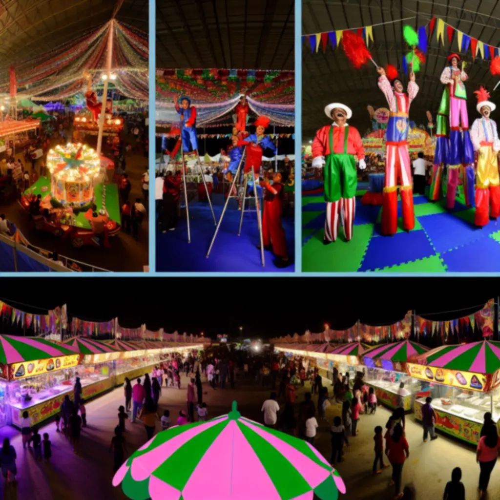 Indoor and outdoor carnival event full of vibrant colours and booths