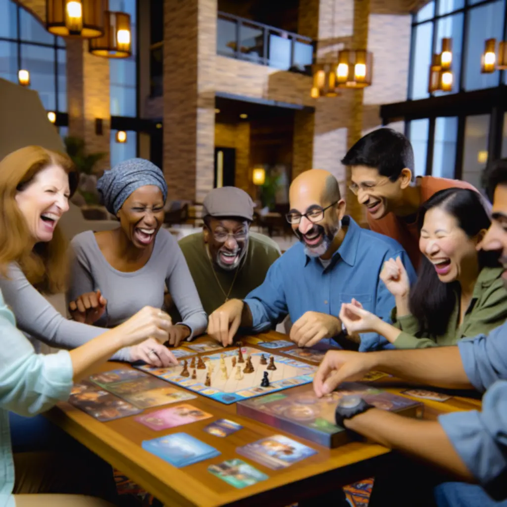 Group of people gathered around a table enjoying interactive games