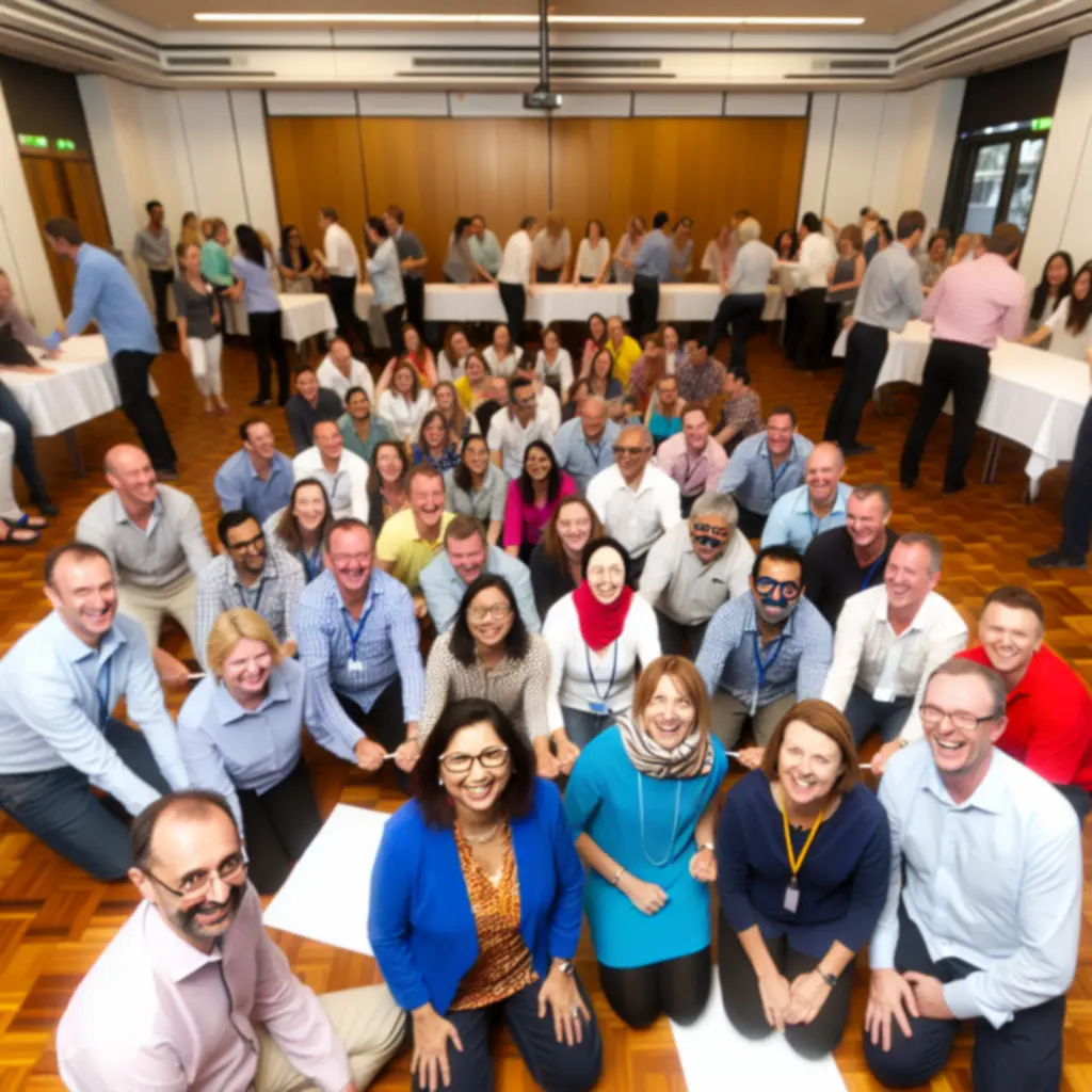 Team-building activity with colleagues collaborating and celebrating together