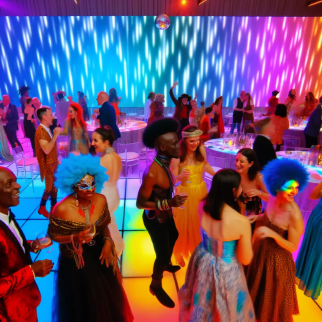 Immersive themed party setup with vibrant lighting and decor