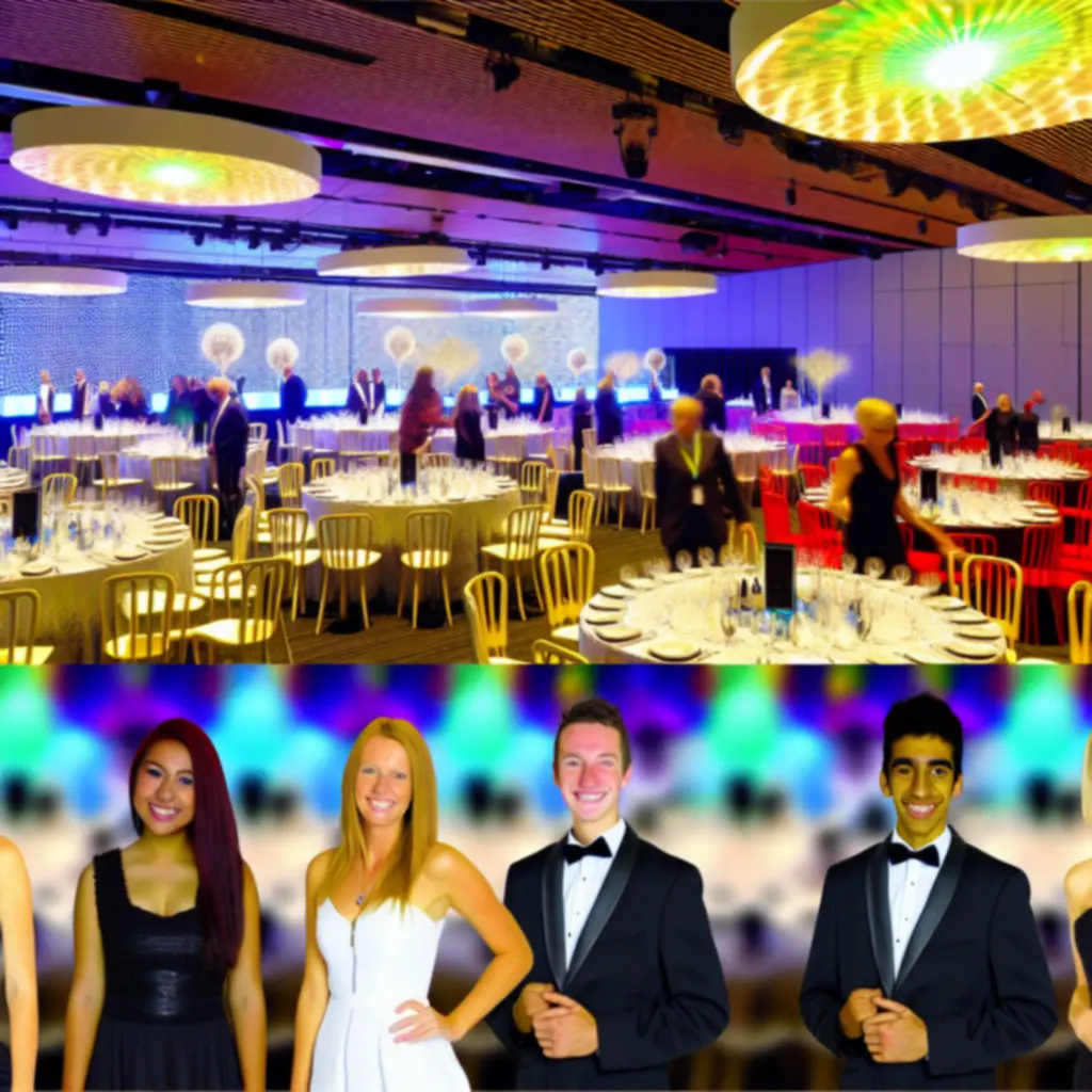 Festive venue setup with colourful lighting and decor
